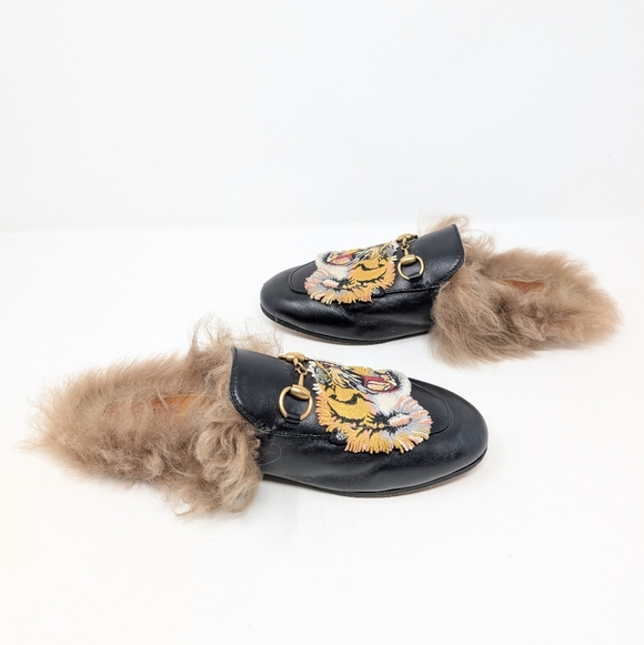 Gucci Princetown Tiger Black Leather Size 37 Horse Bit Mules Loafers - Picture 5 of 10